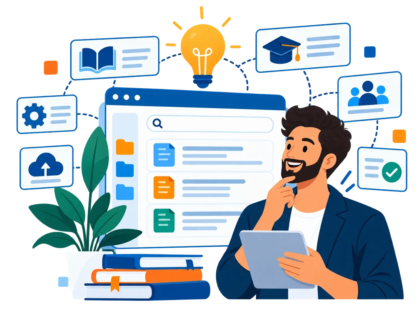 ITIL 4 Knowledge Management illustration showing an IT professional with a digital knowledge base, searchable documents, shared resources, and icons representing knowledge sharing, collaboration, and continuous improvement.