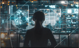 Person viewed from behind standing in front of multiple large digital displays and interface panels. The screens show maps, charts, data visualizations, and system controls in a technology‑focused environment with blue and orange lighting.