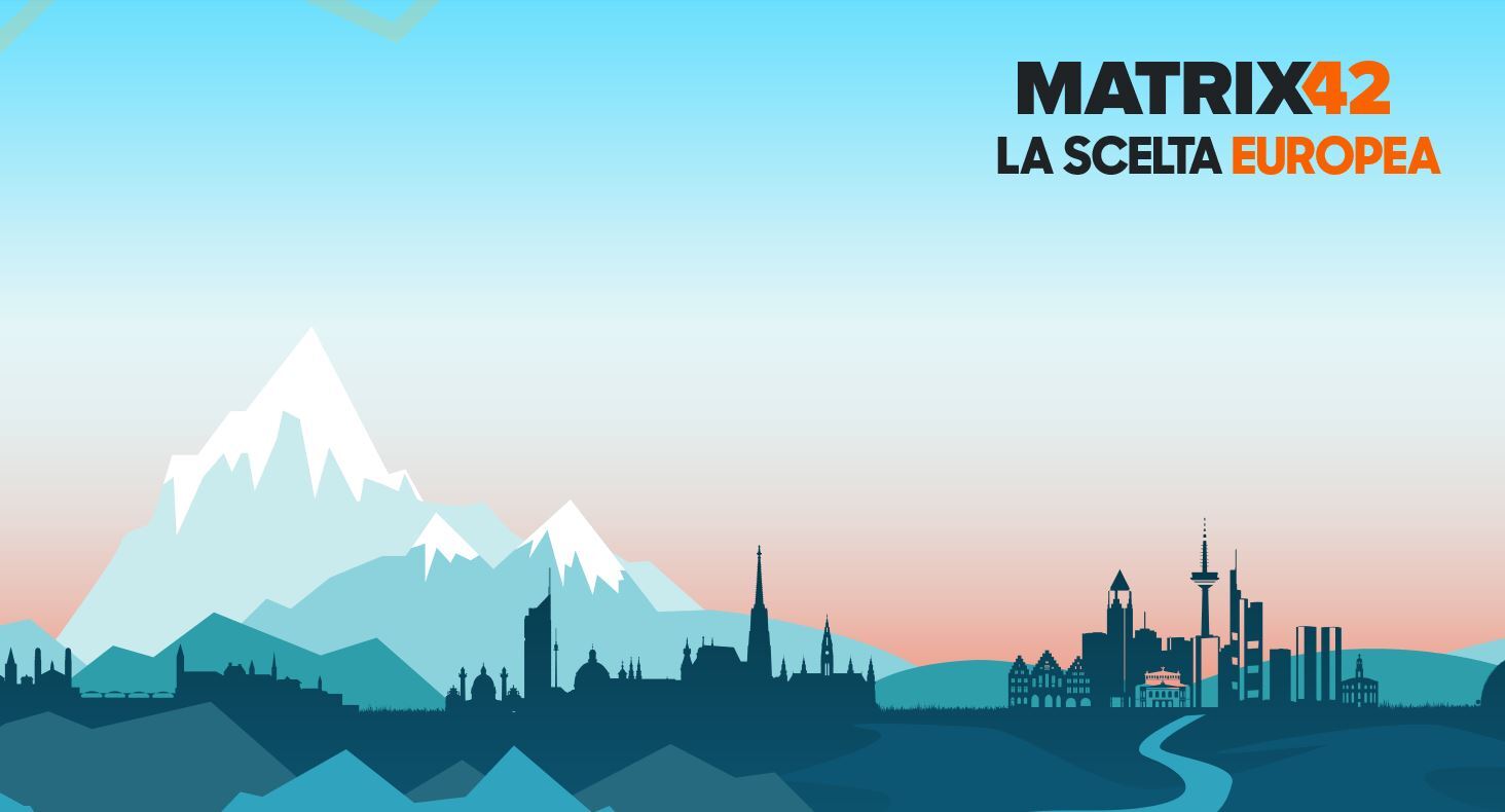 Illustrazione con una skyline urbana e montagne sullo sfondo. In alto a destra compare il logo Matrix42 con il testo La scelta europea.